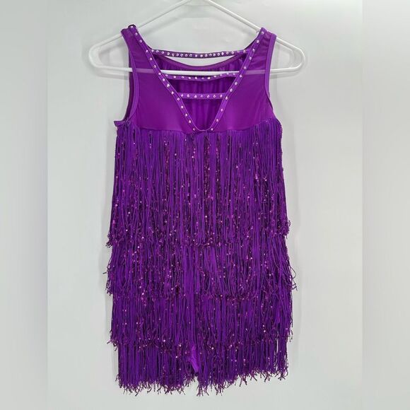 Weissman Dance Purple Fringe Unitard Sparky Flapper Costume Adult Size MA 8/10 - Picture 3 of 9